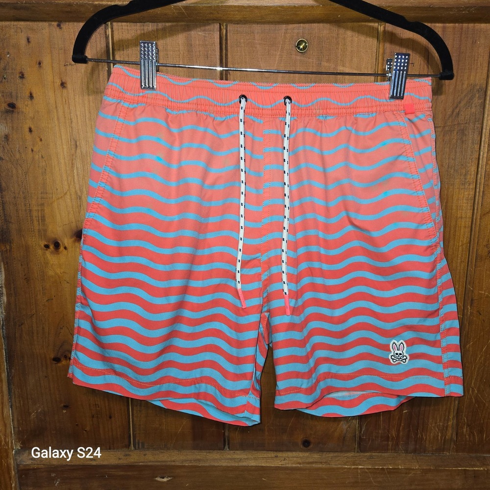 Psycho Bunny Mens Swim Trunks Coral Blue Wavy Stripe Mesh Lined Shorts Size S - Picture 4 of 5